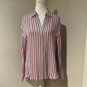 Alice + Olivia Dimitra Striped Button Down Blouse in Light Blue White & Red